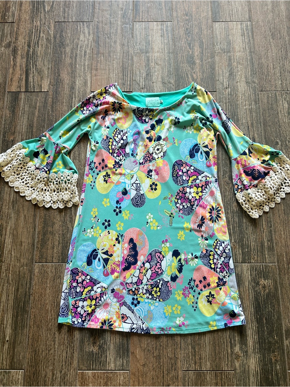Judith March Turquoise Floral Dress with Crochet Bell Sleeves